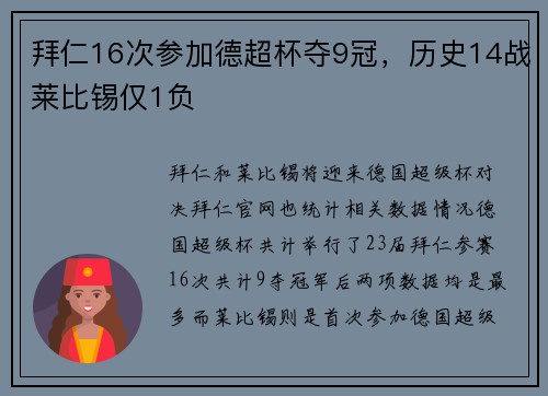 拜仁16次参加德超杯夺9冠，历史14战莱比锡仅1负