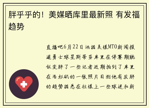 胖乎乎的！美媒晒库里最新照 有发福趋势
