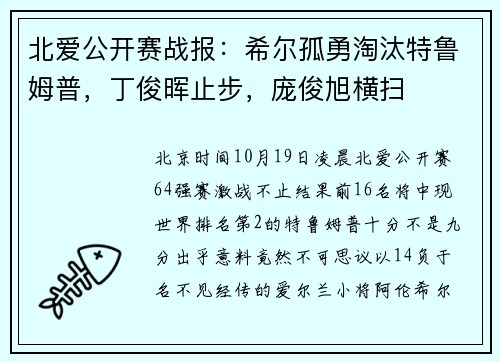 北爱公开赛战报：希尔孤勇淘汰特鲁姆普，丁俊晖止步，庞俊旭横扫